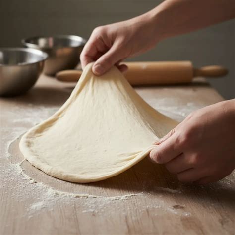 Foto de masa de pizza estirándose a mano sobre una superficie