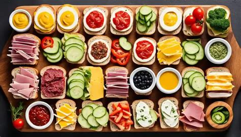 Fotografía cenital de una selección variada de sándwiches gourmet cortados en triángulos.