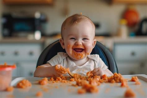 Bebé sentado en silla alta comiendo pasta con las manos