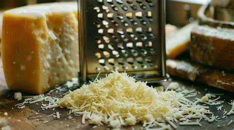 Un bloque de queso parmesano con rallador y virutas