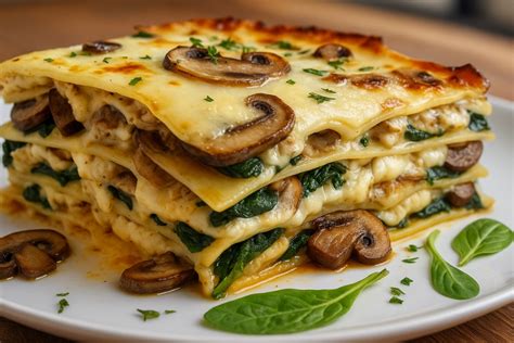 Foto de una lasaña de espinacas y champiñones recién horneada