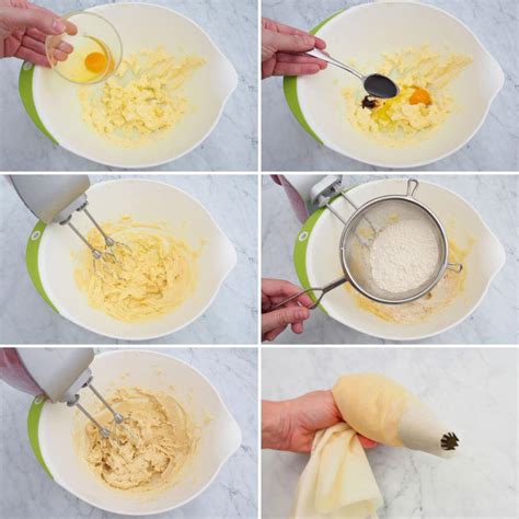 Infografía mostrando los pasos de preparación de la masa de las galletas danesas, desde la mezcla hasta el enfriamiento.