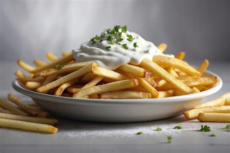 Primer plano de papas fritas siendo servidas con un dip de yogur cremoso