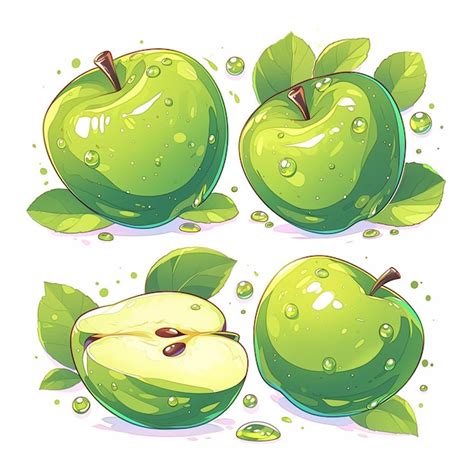 Ilustración de varias manzanas verdes frescas y cortadas, mostrando su textura y color vibrante.
