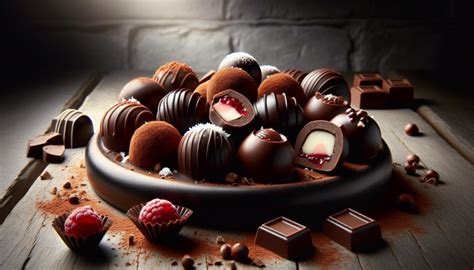 Bombones de chocolate variados con diferentes rellenos y decoraciones
