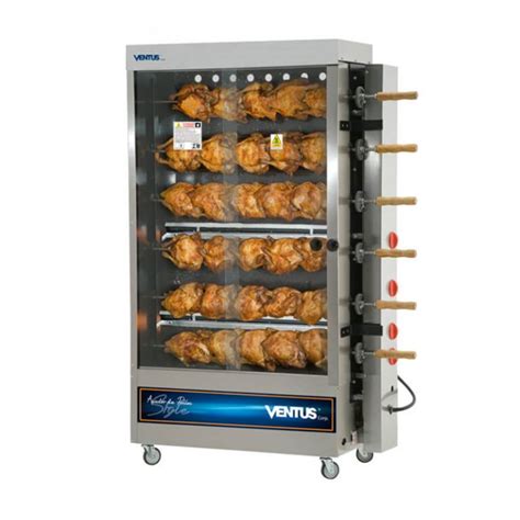 Diagrama de un asador de pollos a gas Ventus PR-634N, destacando las 6 espadas, quemadores tubulares, cajón recolector de grasa y ruedas.