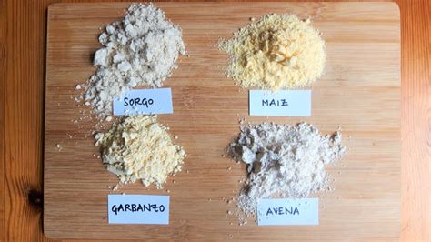 Infografía detallando la composición de una mezcla de harinas sin gluten (ej. almidón de maíz, trigo sarraceno, tapioca, goma xantana).