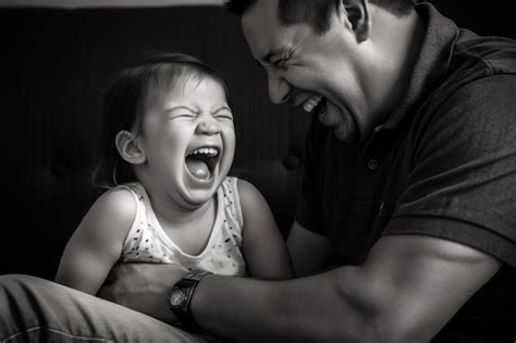 Bebé riendo mientras su padre le hace cosquillas en la barriga. Ambiente cálido y seguro.