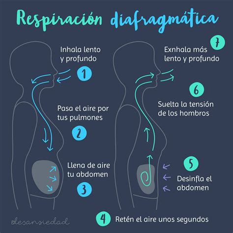 Infografía mostrando los pasos de la respiración diafragmática
