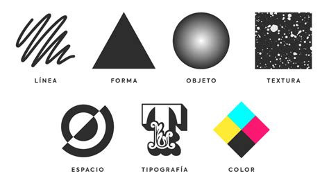 Representación de diversas formas de comunicación visual en diseño gráfico: tipografía, iconografía, composición.