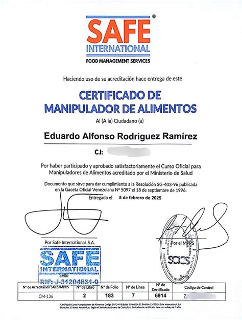 Imagen de un certificado de manipulación de alimentos