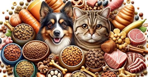 Diseño gráfico que muestra diversos ingredientes para alimentos de mascotas, como proteínas, granos y vitaminas.