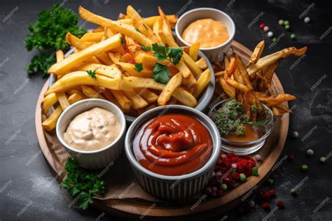 Plato de papas fritas recién hechas con salsas
