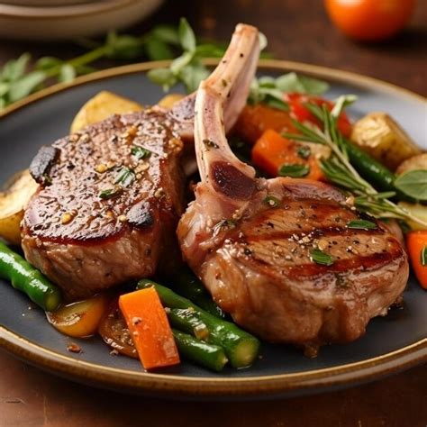 Plato de chuletas de cordero guisadas con verduras