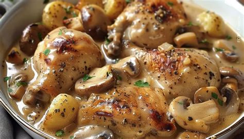 Sofrito de champiñones, jamón y pollo en sartén