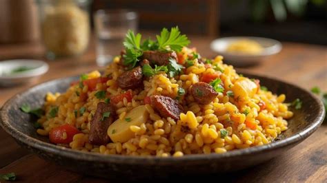 Plato de Arroz Paisa colombiano con todos sus ingredientes.