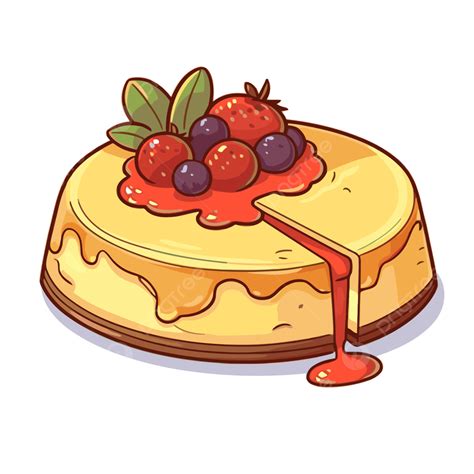 Ilustración de una tarta de queso completa y decorada con mermelada de fresa y frutas del bosque.