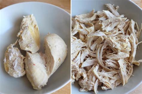 Comparación visual de pollo desmenuzado y pollo deshebrado.