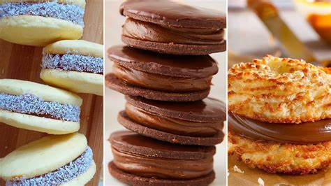Collage de fotos mostrando las diferentes variedades de alfajores: nuez, chocolate blanco y frambuesa, y sableé de chocolate