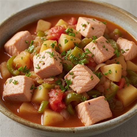 Foto de salmón fresco y un cuenco de estofado de salmón con verduras