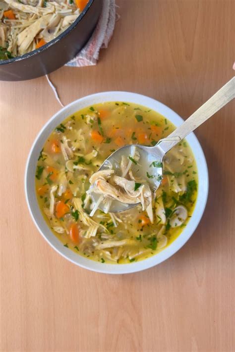 Imagen de una sopa casera de pollo con fideos y verduras.