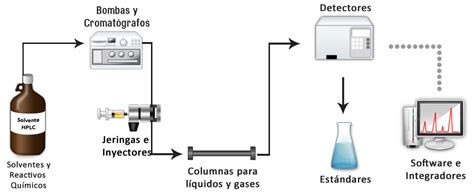 Esquema de un sistema de cromatografía líquida con sus componentes principales: bomba, inyector, columna, detector y sistema de recolección.