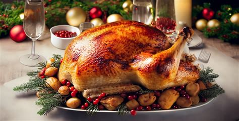 Pavo asado entero en una bandeja, dorado y listo para servir