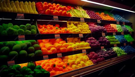 Exhibición colorida y ordenada de frutas y verduras