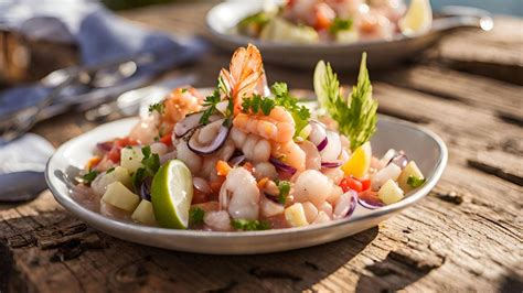 Plato de ceviche de mariscos fresco con cilantro y limón
