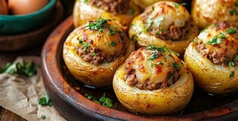 Papas rellenas doradas y crujientes en un plato