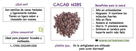 Gráfico infográfico mostrando los beneficios nutricionales de los nibs de cacao