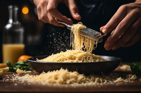 Chef rallando queso parmesano sobre un plato de pasta Alfredo