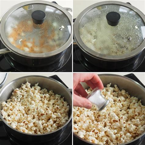 Infografía simple mostrando los pasos básicos para hacer palomitas saladas: calentar aceite, añadir maíz, tapar y agitar, añadir sal.