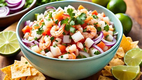 Ceviche de camarón estilo tailandés, fresco y colorido, con hierbas aromáticas y un toque picante