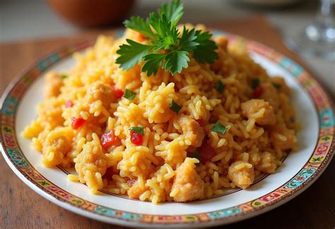 Plato de arroz con azafrán recién servido con una decoración de hebras de azafrán y una pizca de perejil fresco