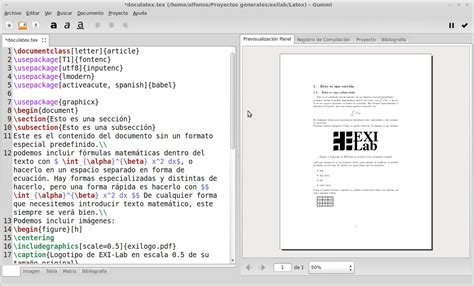 Ejemplo de cómo se ve la edición de un documento en LaTeX (usando el software TeXStudio en la distribución proTeXt) a la izquierda y el documento PDF final a la derecha