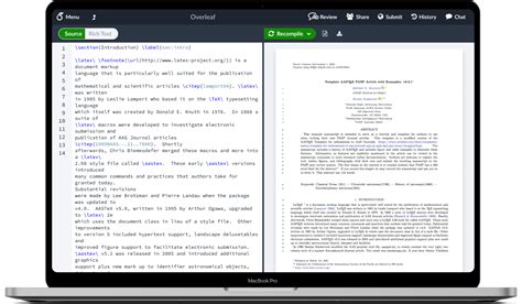 Captura de pantalla de la interfaz de Overleaf mostrando el panel del editor de código LaTeX y el panel de vista previa del PDF