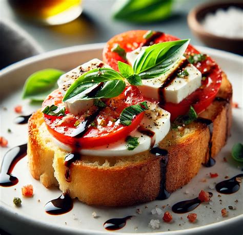 Bruschetta clásica terminada con tomates, mozzarella y albahaca fresca.