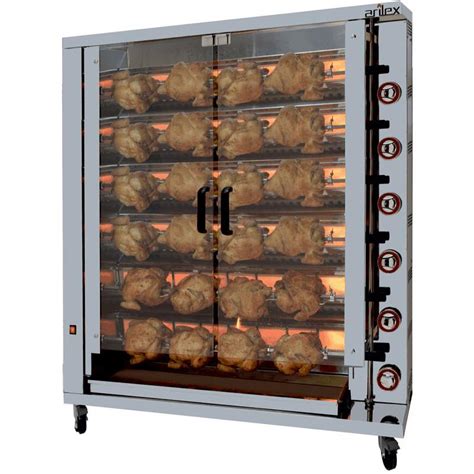 Esquema de un asador de pollos a gas con 4 espadas, destacando la estructura de acero inoxidable y el fondo interno esmaltado.