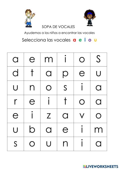 Ejemplo de sopa de letras con vocales para niños de primer grado