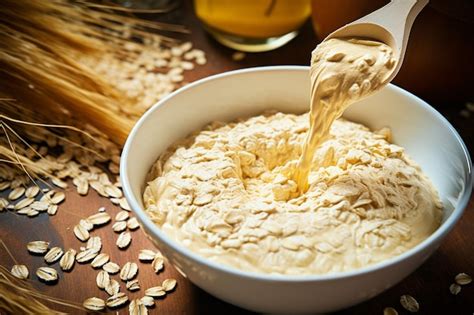 Primer plano de la avena siendo mezclada con mantequilla derretida en un bol.