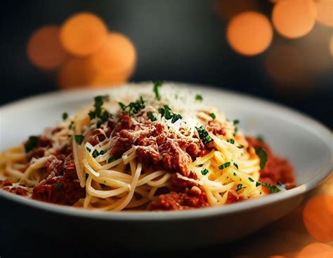 Primer plano de los spaghetti servidos con la salsa boloñesa, decorados con queso parmesano rallado.