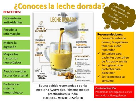 Infografía detallando los beneficios de la leche dorada: antiinflamatorio, antioxidante, digestivo, inmune, etc.
