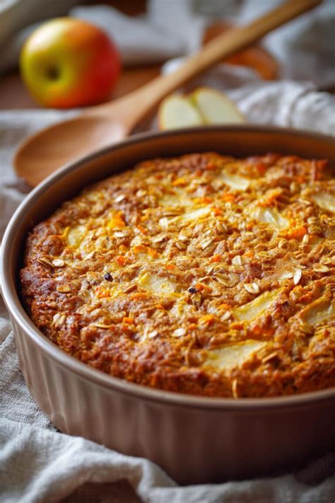 Foto de un pastel de avena y manzana recién horneado, espolvoreado con canela y rodajas de manzana fresca