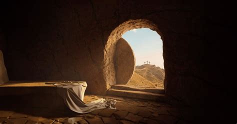 representación artística de María Magdalena descubriendo la tumba vacía con un conejo cerca