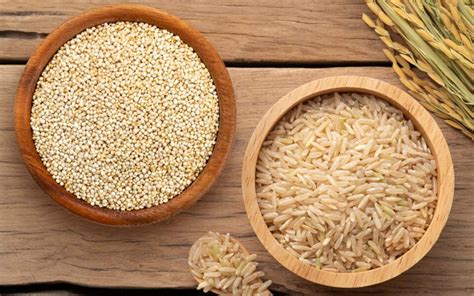 Infografía comparativa de diferentes cereales inflados (arroz, quinoa, amaranto) y sus usos en barritas