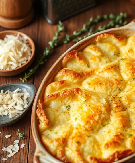 Plato de patatas gratinadas con una capa dorada y crujiente de queso fundido servido en una fuente de cerámica.