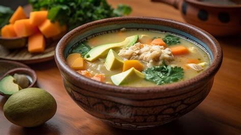 Plato servido de Sopa de Pollo con Aguacate y Arepa