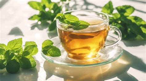 Infusión de hierbabuena en una taza, destacando sus hojas frescas