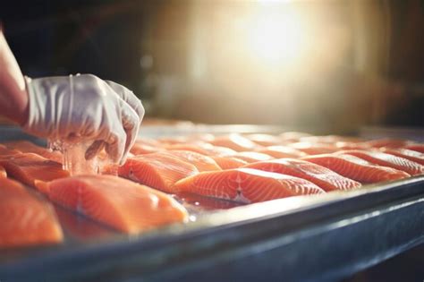 Inspección manual de filetes de salmón tras el procesamiento